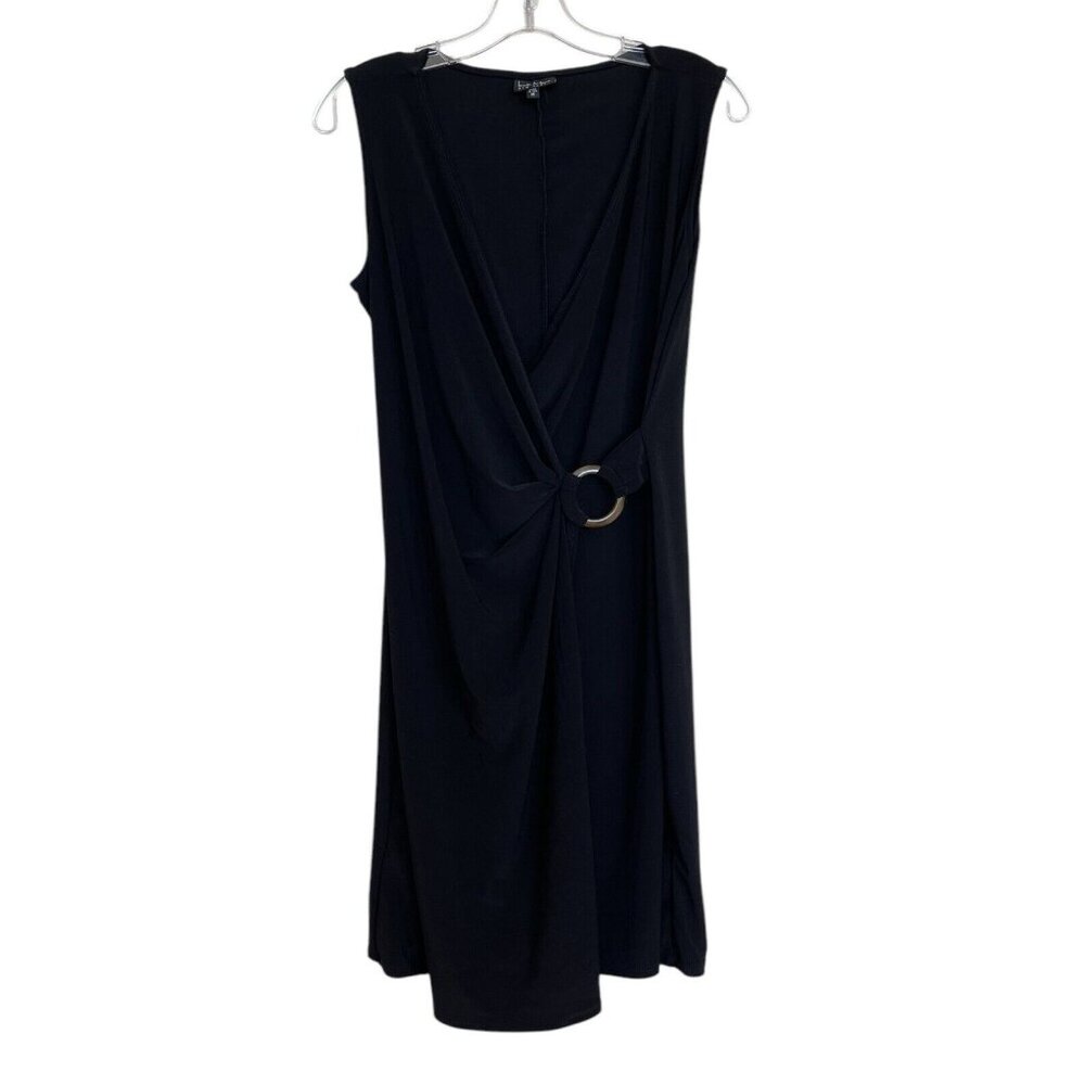 Nicole Miller Dress Womens Size Medium Black Sleeveless Stretch Faux Wrap V Neck